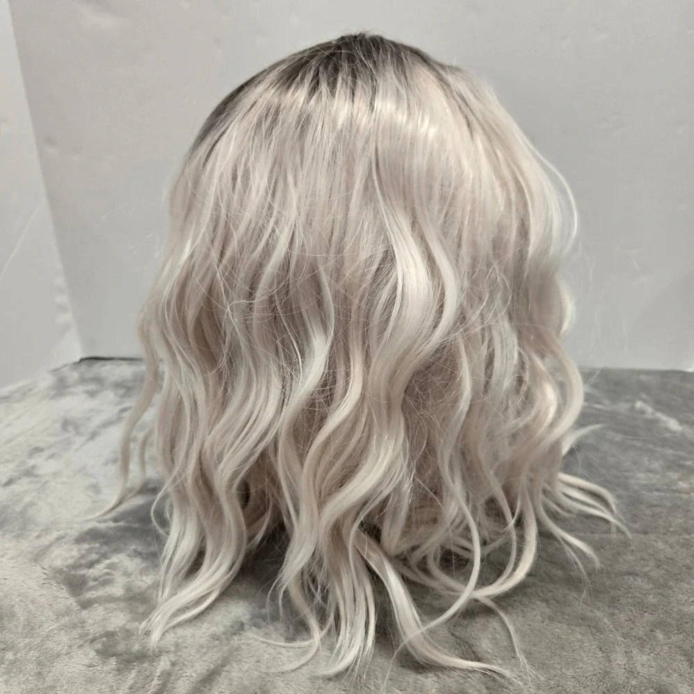 Wavy Ombre Wig Dark Brown Roots to Platinum Blonde Silver Shoulder Length‎ Hair